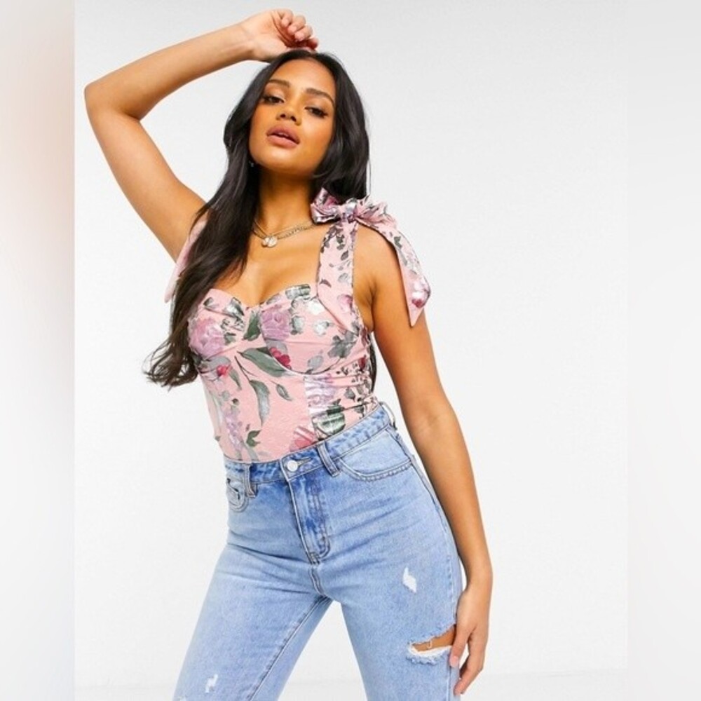ASOS Rare London Not Just Any Body Foil Floral Bodysuit in Pink 6 NWT